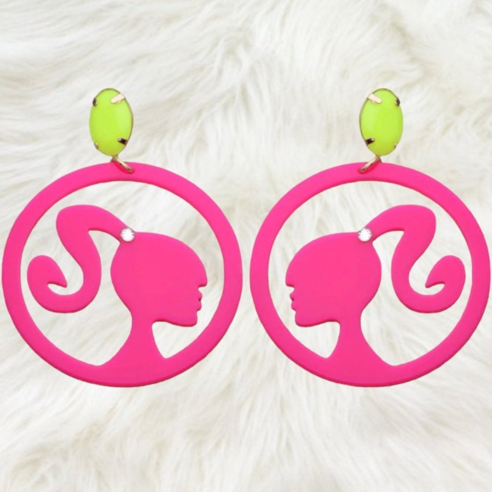 Neon Pink Silhouette Hoop Earrings with Lime Studs